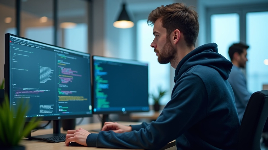 Developer at standing desk reviewing real-time monitoring dashboard with neural network performance metrics, green status indicators, and alert logs on dual monitors in a tech office