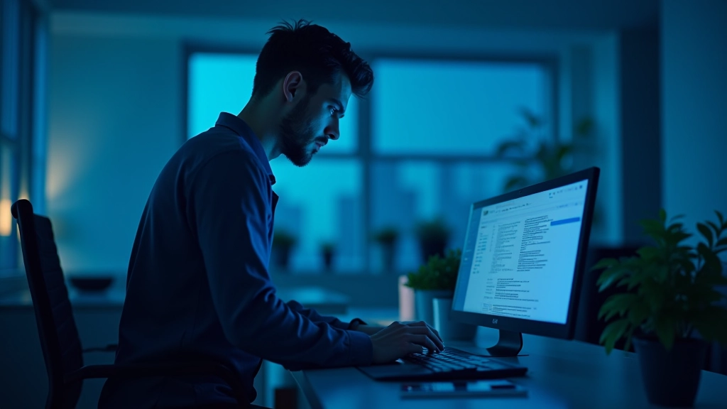 Developer working at a standing desk with laptop showing code in a modern tech office environment with ambient blue lighting