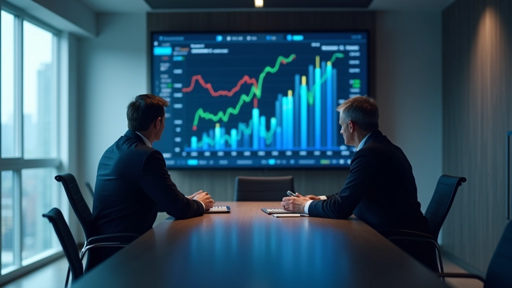 Professional presenting financial data to colleagues in a modern conference room with charts displayed on a large screen