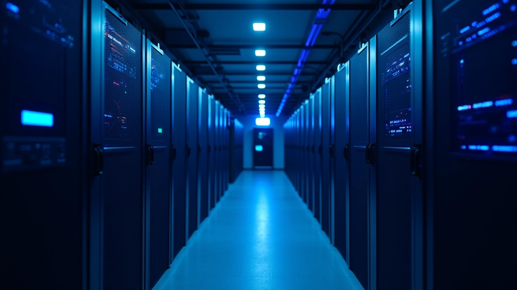 Server room with rows of equipment, blue LED lights illuminating network infrastructure and processing servers, cables organized neatly, data center environment