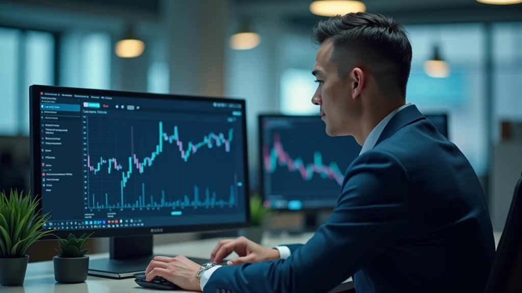Modern computer workstation showing data analysis dashboard with multiple monitors in a professional banking environment
