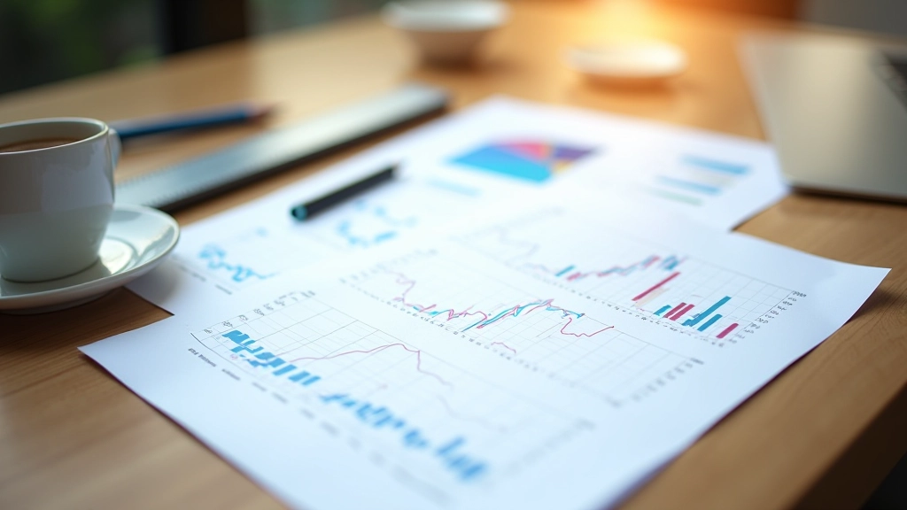 Analytical workspace with printed reports and charts scattered on desk, pen marking data trends, professional documentation in soft morning light