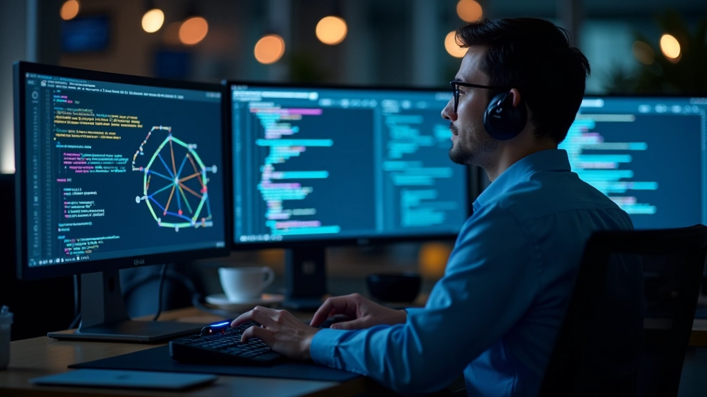 Developer working at desk with laptop and neural network code displayed on screen